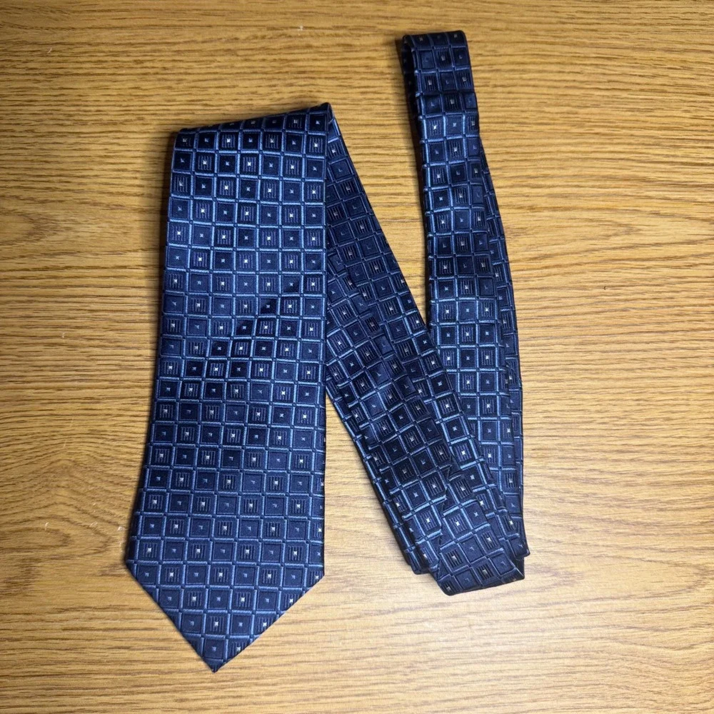 Pronto Uomo Couture Silk Tie Mens Navy Blue Geometric Square Pattern Formal 60in